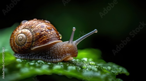 A detailed close-up shows a small snail resting on a leaf, its shell reflecting light while the moisture on the leaf emphasizes nature's freshness and fragility.