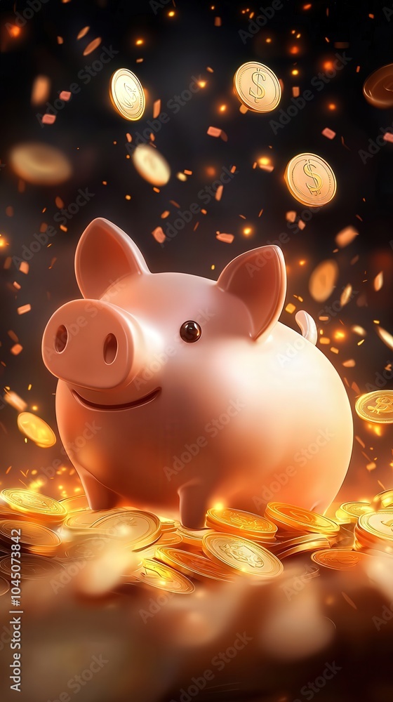 Optimizing Savings with a Happy Piggy Bank Surrounded by Glimmering Coins for Financial Success Optimizing Savings with a Happy Piggy Bank Surrounded by Glimmering Coins for Financial Success