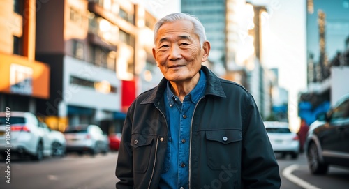 east asian elderly man urban streetwear bright background wearing fashion portrait