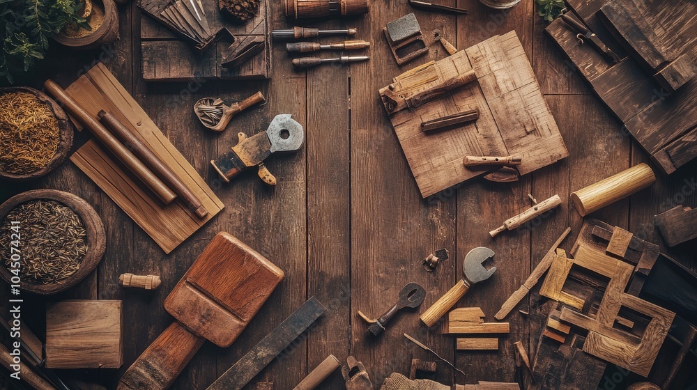 Elegant Woodworking Tools on a Rustic Table Elegant Woodworking Tools on a Rustic Table
