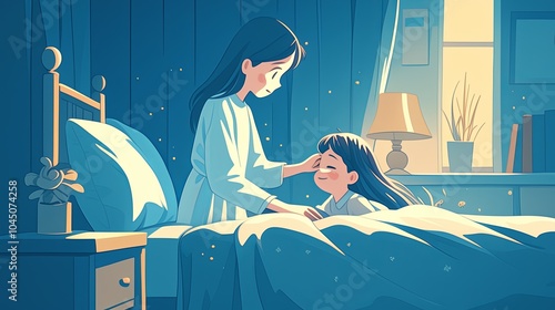 A serene scene of a mother gently tucking her daughter into bed, illuminated by warm light, symbolizing comfort, care, and love in a cozy bedroom environment. photo