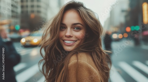 A joyful woman in a brown coat turns back, smiling widely on a lively city street, capturing the essence of happiness and energy in an urban setting.