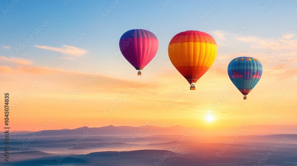 Naklejka premium Colorful hot air balloons soar across a vibrant sunset sky, showcasing a stunning display of hues and tranquility in the sky.