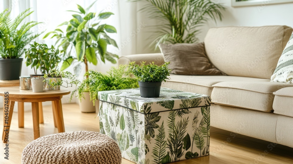 Fototapeta premium Cozy Living Room with Greenery and Natural Light