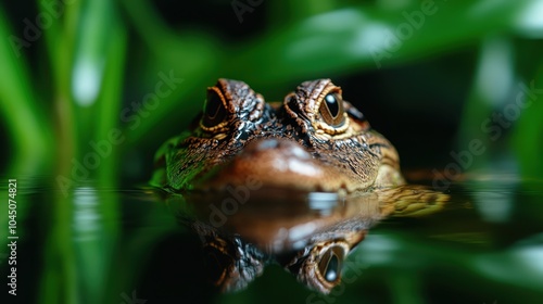 The eyes of a crocodile peer above the water, its body hidden beneath the dark, reflective surface in a dense jungle, embodying the essence of patience and camouflage.