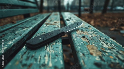 A lone knife lies ominously on a weathered park bench amidst fallen leaves, hinting at untold stories or forgotten moments in an urban environment's serenity. photo