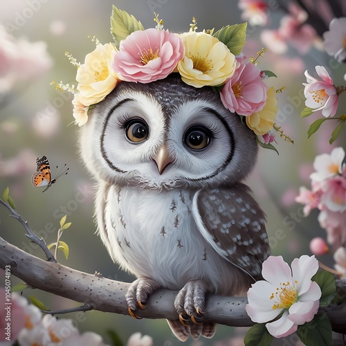 owl on a tree caroon illustration. watercolor art of a owl. photo