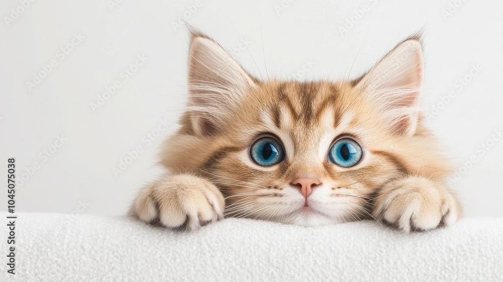 Cute fluffy kitten with striking blue eyes peeking over a white surface, exuding a playful and curious demeanor. Cute fluffy kitten with striking blue eyes peeking over a white surface, exuding a playful and curious demeanor.