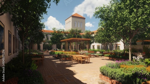 Peaceful Garden Courtyard with Greenery and Tables