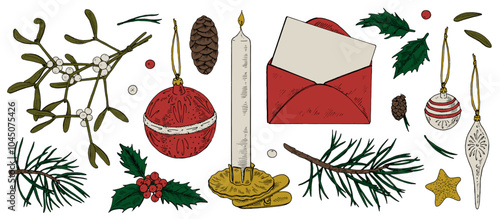 Fotografie A vintage Christmas vector set featuring hand drawn candles, mistletoe, and holly