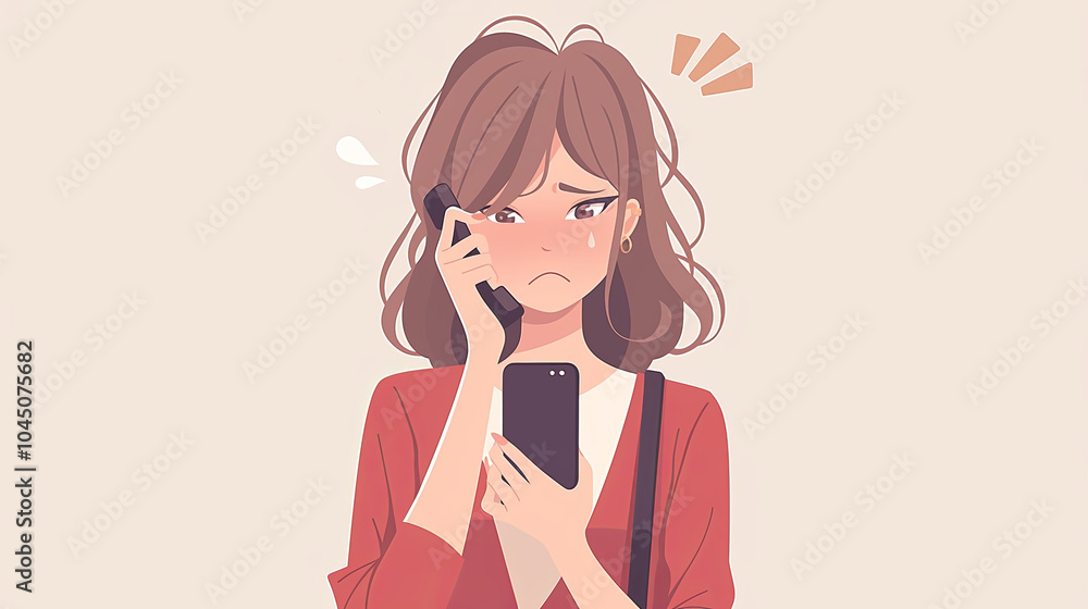A woman with a distressed expression looks at her phone anxiously, showing visible signs of stress. She wears a red sweater and is clearly upset by the call. A woman with a distressed expression looks at her phone anxiously, showing visible signs of stress. She wears a red sweater and is clearly upset by the call.
