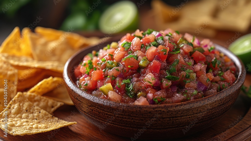 Salsa in a Bowl Served with Crispy Tortilla Chips Against a Pastel Gradient Background for Culinary and Food Photography Use Salsa in a Bowl Served with Crispy Tortilla Chips Against a Pastel Gradient Background for Culinary and Food Photography Use