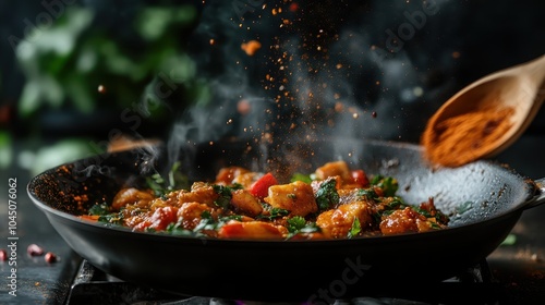 A pan sizzles with a vibrant spicy stir-fry, filled with colorful vegetables and garnished with herbs, capturing the essence of exquisite culinary delight and spicy indulgence.