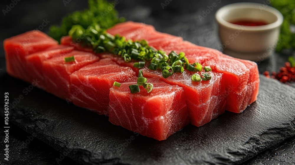 Gourmet Sashimi Slices Presented on a Sleek Black Slate Plate Ideal for High-End Restaurant Menus and Culinary Blogs Gourmet Sashimi Slices Presented on a Sleek Black Slate Plate Ideal for High-End Restaurant Menus and Culinary Blogs