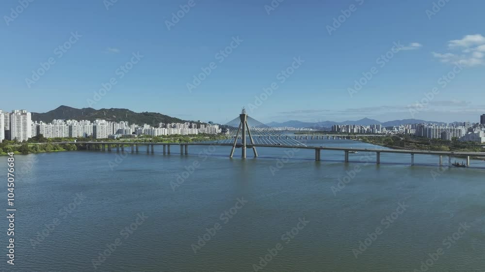 Drone View of Seoul city in South Korea, Jamsil Han River, Summer 60fps Drone View of Seoul city in South Korea, Jamsil Han River, Summer 60fps