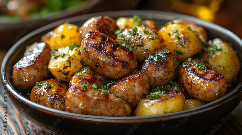 Delicious Sausages and New Potatoes Glazed in a Rich Brown Sauce. This Food Photograph Captures the Comforting Essence of Hearty Home-Cooked Meals, Perfect for Culinary Inspiration and Recipe Sharing. Delicious Sausages and New Potatoes Glazed in a Rich Brown Sauce. This Food Photograph Captures the Comforting Essence of Hearty Home-Cooked Meals, Perfect for Culinary Inspiration and Recipe Sharing.
