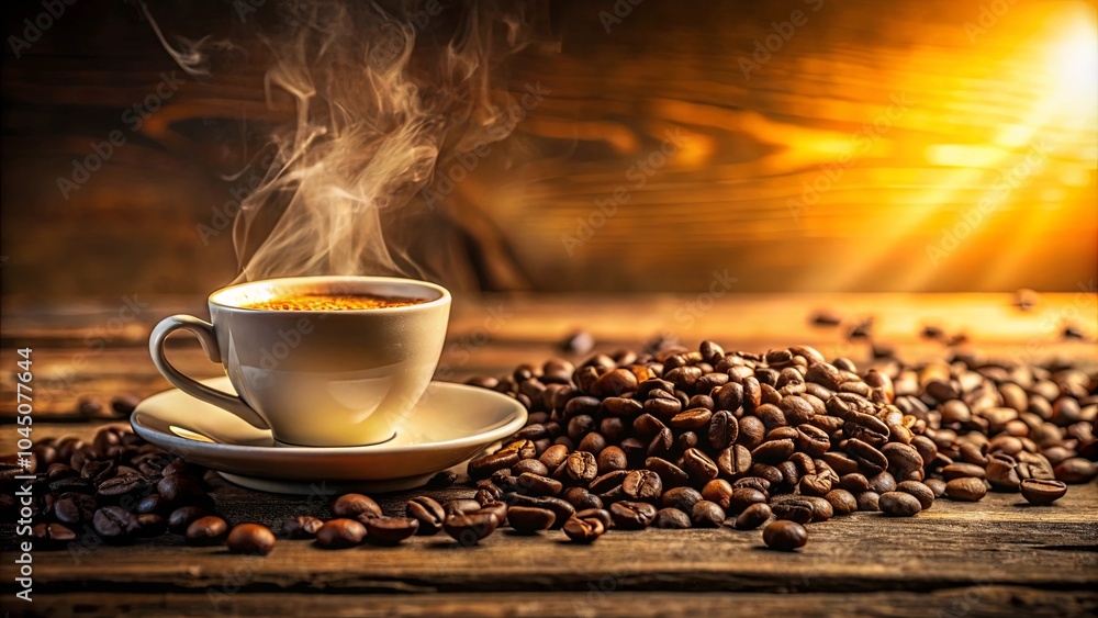 Aromatic Steam Rising from a Cup of Coffee Surrounded by Roasted Beans on a Rustic Wooden Table Aromatic Steam Rising from a Cup of Coffee Surrounded by Roasted Beans on a Rustic Wooden Table