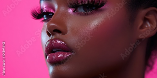 A close-up view of a model showcasing bold pink makeup and long eyelashes against a vibrant pink background in a stylish beauty shoot