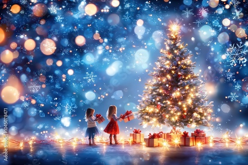 Joyful Children Unwrap Gifts by a Beautifully Decorated Christmas Tree in a Magical Winter Wonderland