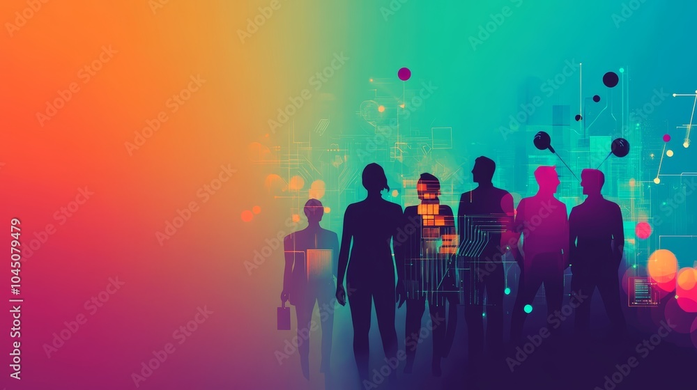 Silhouettes of a diverse group of professionals against a vibrant, abstract background. Silhouettes of a diverse group of professionals against a vibrant, abstract background.
