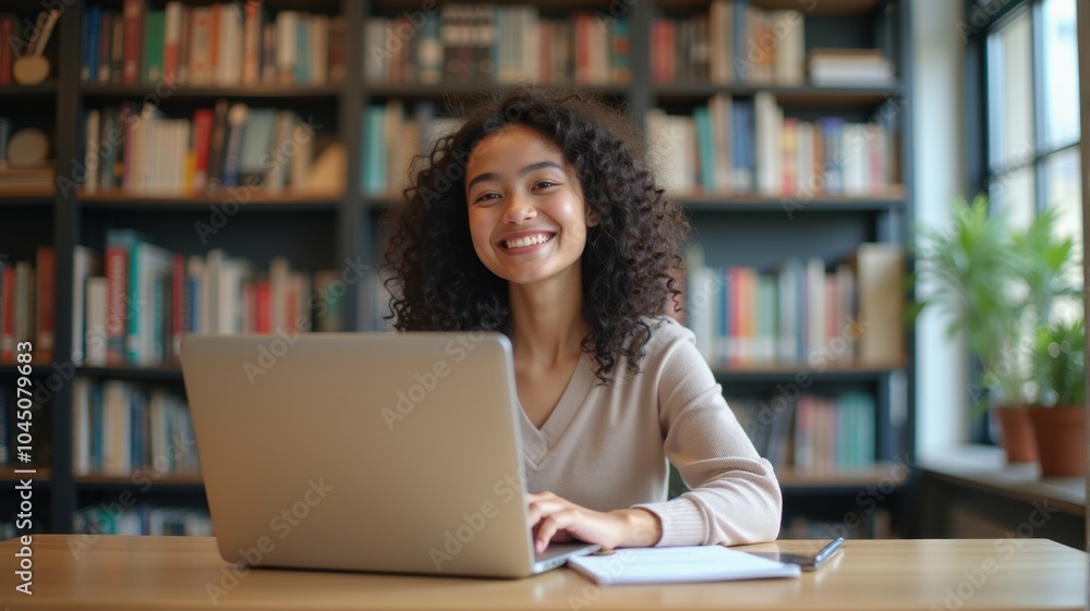 Confident young woman working in a library — A young woman with curly hair smiling while working on a laptop in a library, looking confident and productive. Confident young woman working in a library — A young woman with curly hair smiling while working on a laptop in a library, looking confident and productive.