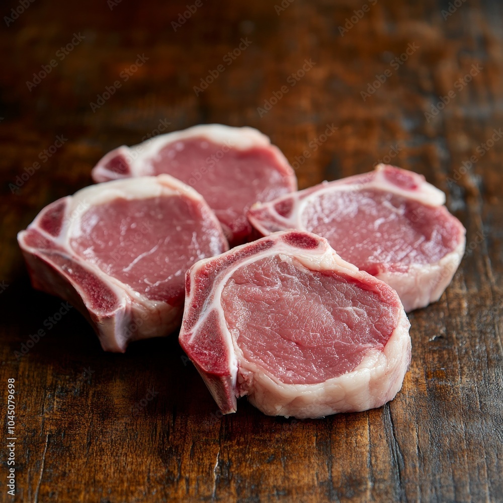 Four succulent raw lamb chops, skillfully displayed on a rustic wooden board, embodying gourmet preparation and promise of a savory and fulfilling dining experience. Four succulent raw lamb chops, skillfully displayed on a rustic wooden board, embodying gourmet preparation and promise of a savory and fulfilling dining experience.