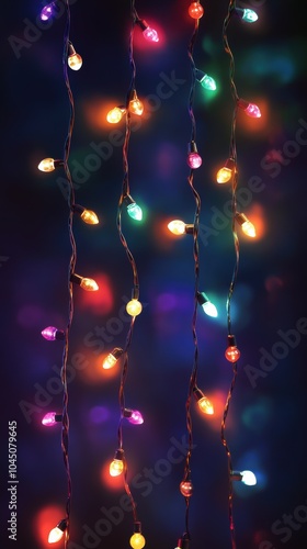 A string of colorful Christmas lights draped vertically against a dark background. The lights softly glow, with each bulb casting a warm halo, creating a festive and cozy feel 