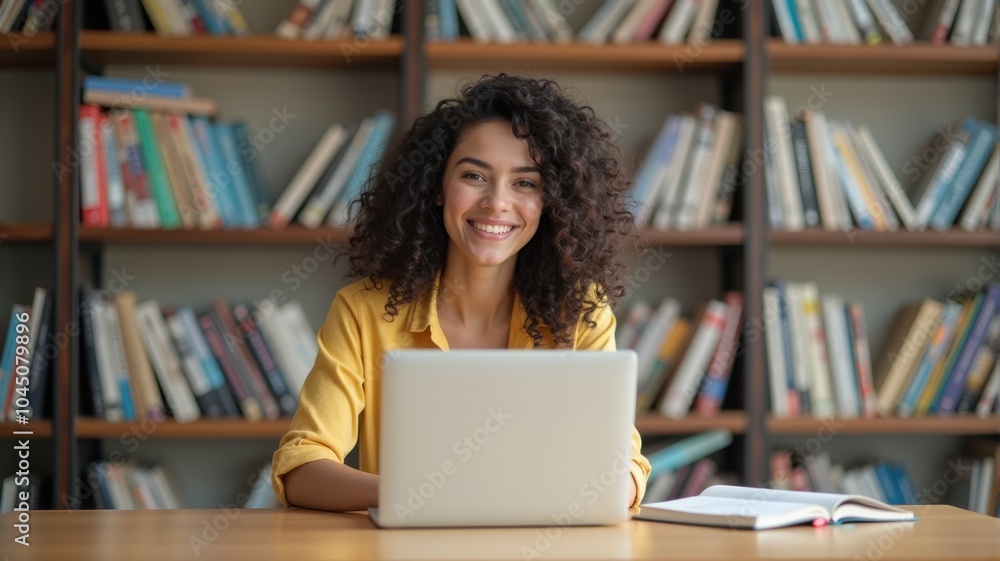 Student studying in a cozy library — A young woman with curly hair smiling as she works on her laptop in a cozy library filled with books. Student studying in a cozy library — A young woman with curly hair smiling as she works on her laptop in a cozy library filled with books.