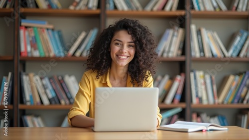 Student studying in a cozy library — A young woman with curly hair smiling as she works on her laptop in a cozy library filled with books.