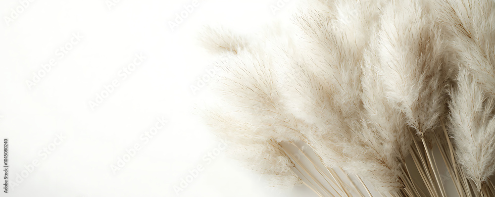 A clean, minimalist image of fluffy pampas grass against a white background. The soft, neutral tones give the composition a serene and calming effecT A clean, minimalist image of fluffy pampas grass against a white background. The soft, neutral tones give the composition a serene and calming effecT