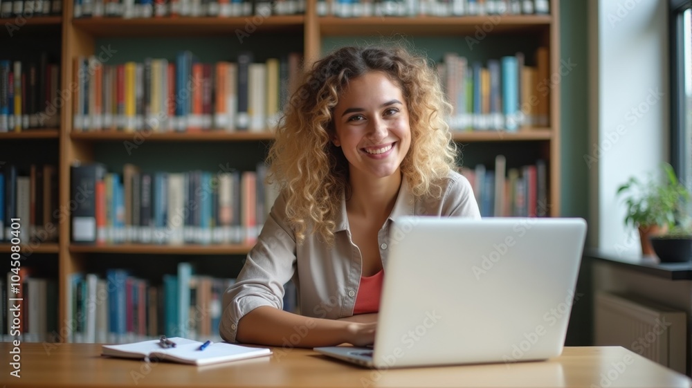 Smiling student working on a laptop in a quiet library — A young woman with curly hair happily working on her laptop, surrounded by bookshelves in a quiet library space. Smiling student working on a laptop in a quiet library — A young woman with curly hair happily working on her laptop, surrounded by bookshelves in a quiet library space.