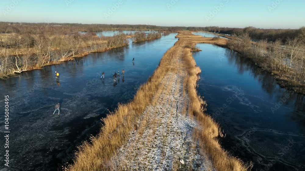 Ice skating on a frozen lake in the Weerribben Wieden nature reserve during a cold winter day in The Netherlands.