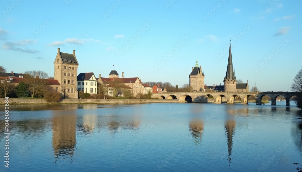 Tranquil waters mirror historic architecture Tranquil waters mirror historic architecture