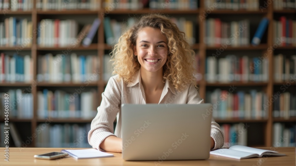 Confident woman smiling while working in a library — A happy young woman using a laptop in a library, surrounded by books and exuding confidence. Confident woman smiling while working in a library — A happy young woman using a laptop in a library, surrounded by books and exuding confidence.