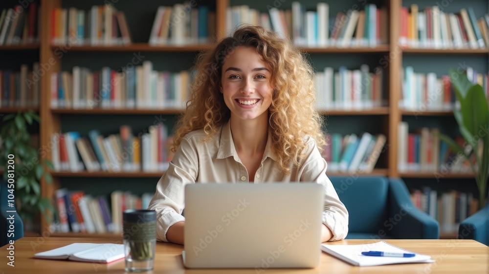 Focused woman studying in a cozy library environment — A young woman smiling as she works on her laptop in a calm library, filled with books. Focused woman studying in a cozy library environment — A young woman smiling as she works on her laptop in a calm library, filled with books.
