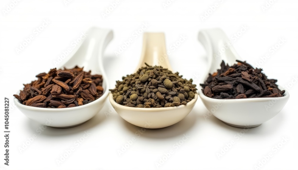A trio of aromatic spices in white bowls A trio of aromatic spices in white bowls