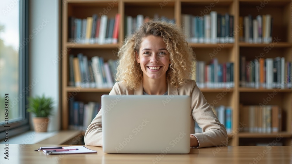 Happy student working on her laptop in the library — A smiling young woman using her laptop, surrounded by books, in a peaceful library setting. Happy student working on her laptop in the library — A smiling young woman using her laptop, surrounded by books, in a peaceful library setting.