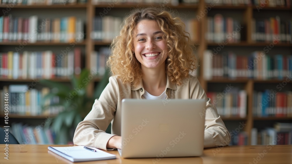 Smiling woman enjoying work in a peaceful library — A happy young woman working on her laptop in a quiet, peaceful library environment, surrounded by books. Smiling woman enjoying work in a peaceful library — A happy young woman working on her laptop in a quiet, peaceful library environment, surrounded by books.