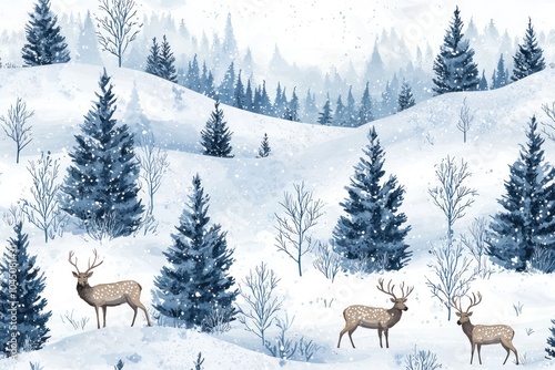 Festive seamless pattern with stags and snowy evergreen forests, ideal for holiday decor.