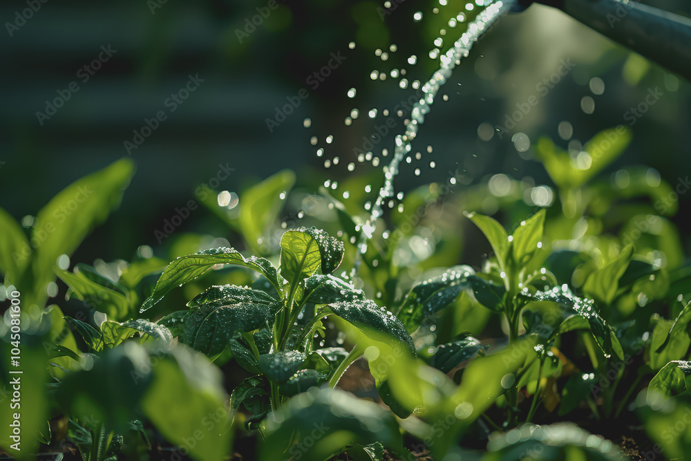 Watering green vegetables with a watering can in the backyard vegetable garden in the evening. Watering green vegetables with a watering can in the backyard vegetable garden in the evening.