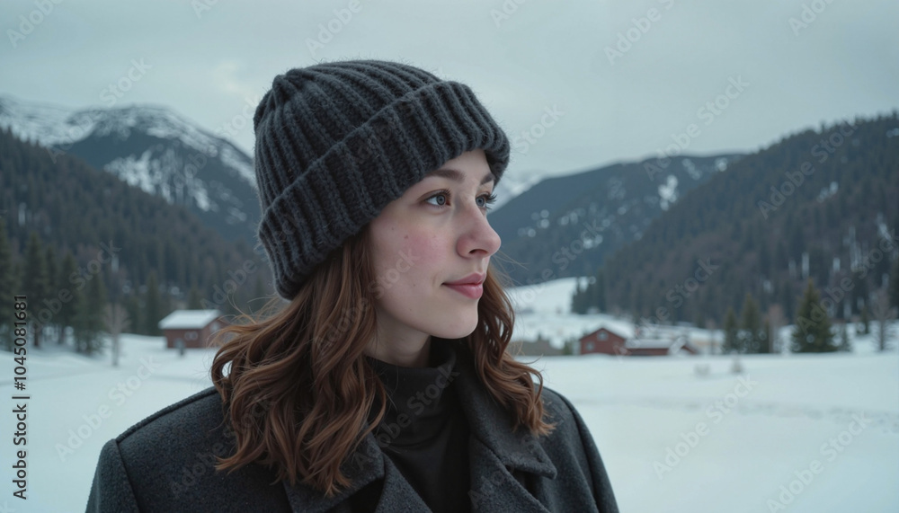 Young woman with wavy hair wearing a knitted beanie in a snowy mountain landscape Young woman with wavy hair wearing a knitted beanie in a snowy mountain landscape