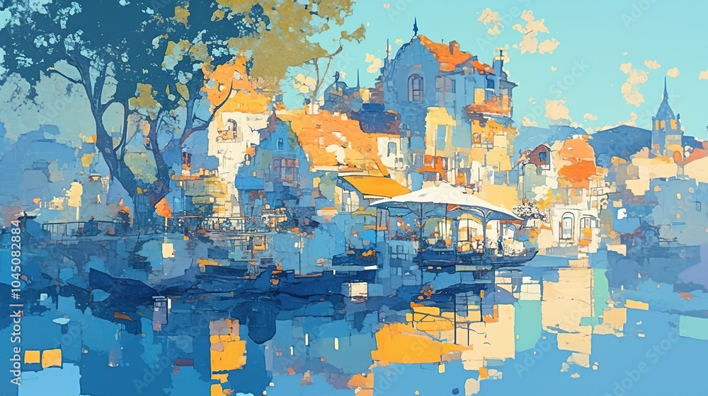 Naklejka premium An Abstract Impressionist Illustration of a Serene Riverbank at Dusk, Featuring Acrylic Paint Texture and Oil Painting Quality, Capturing the Beautiful Play of Light and Shadows Reflected on the Wate