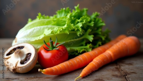  Fresh produce on rustic table photo