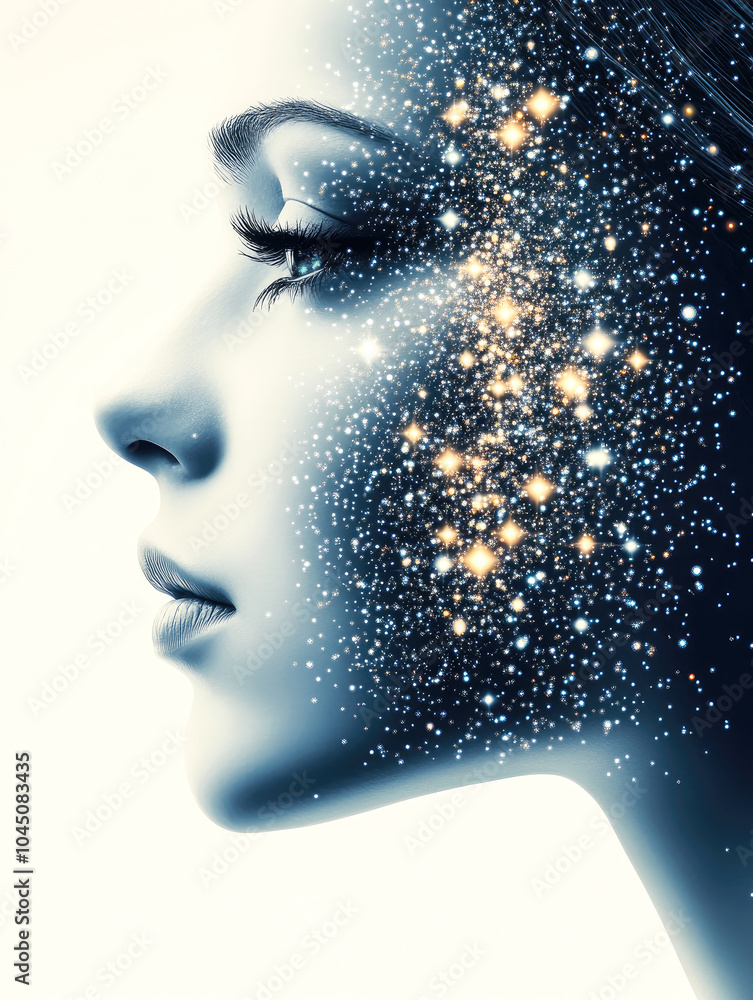 A woman's profile blends seamlessly with a galaxy of stars, forming a cosmic representation of her face, evoking a sense of wonder and mystery in a celestial setting. A woman's profile blends seamlessly with a galaxy of stars, forming a cosmic representation of her face, evoking a sense of wonder and mystery in a celestial setting.