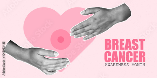 Banner in halftone collage style, breast cancer awareness month. Paper cut hands, self-diagnosis concept, mixed media design, pink ribbon, heart.