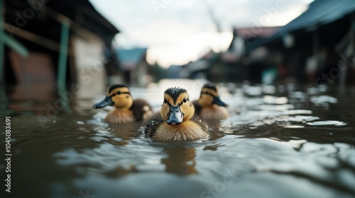 Three ducklings are seen swimming with determination against the rustic backdrop of wooden buildings, symbolizing exploration, youth, and natural harmony.