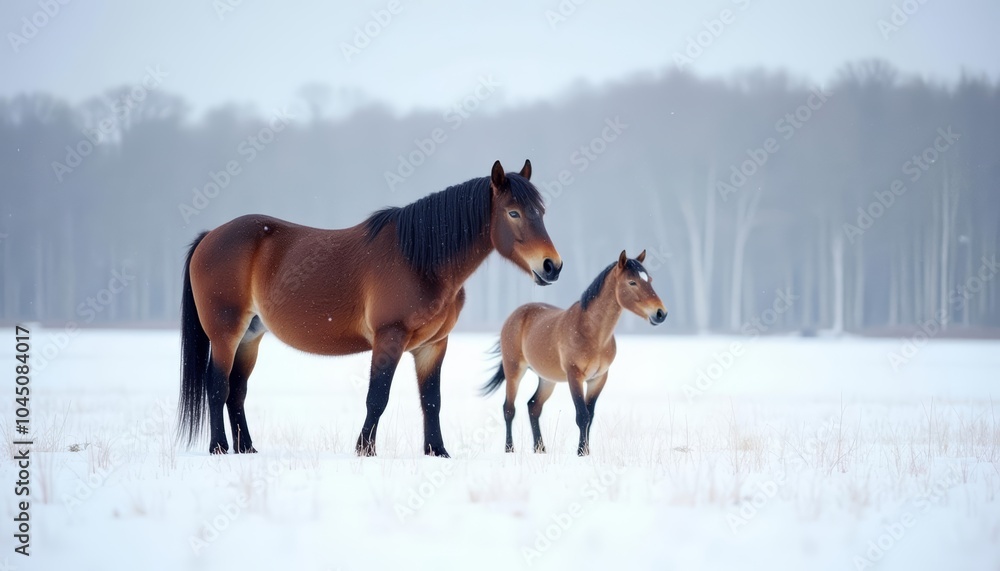 Winters serene beauty with a mother horse and her foal Winters serene beauty with a mother horse and her foal