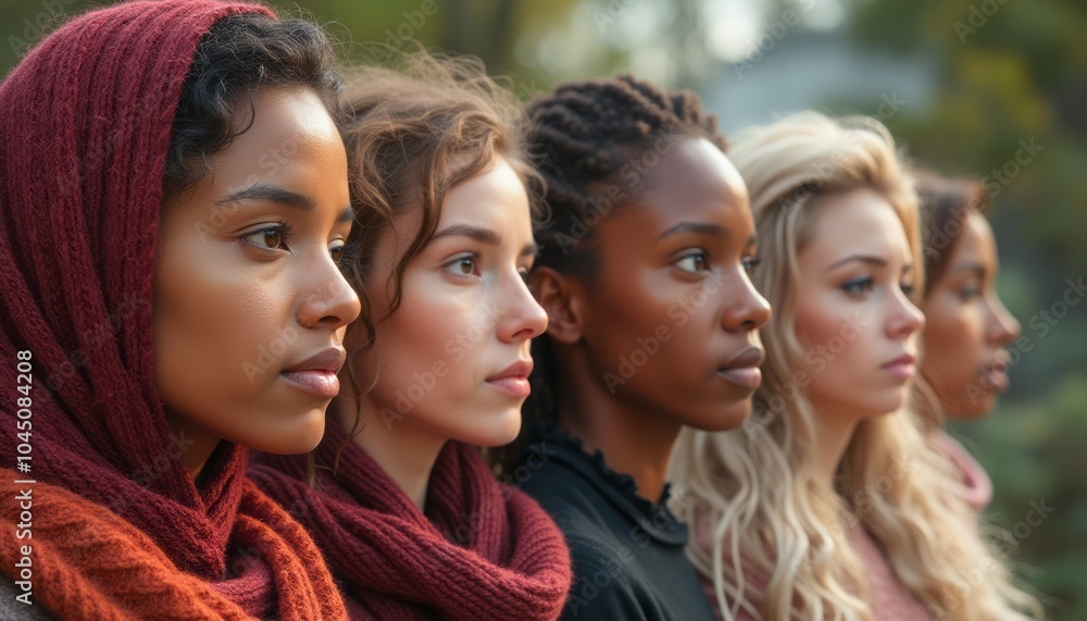 Fototapeta premium A group of diverse women standing together outdoors, looking confidently ahead in unity and strength.