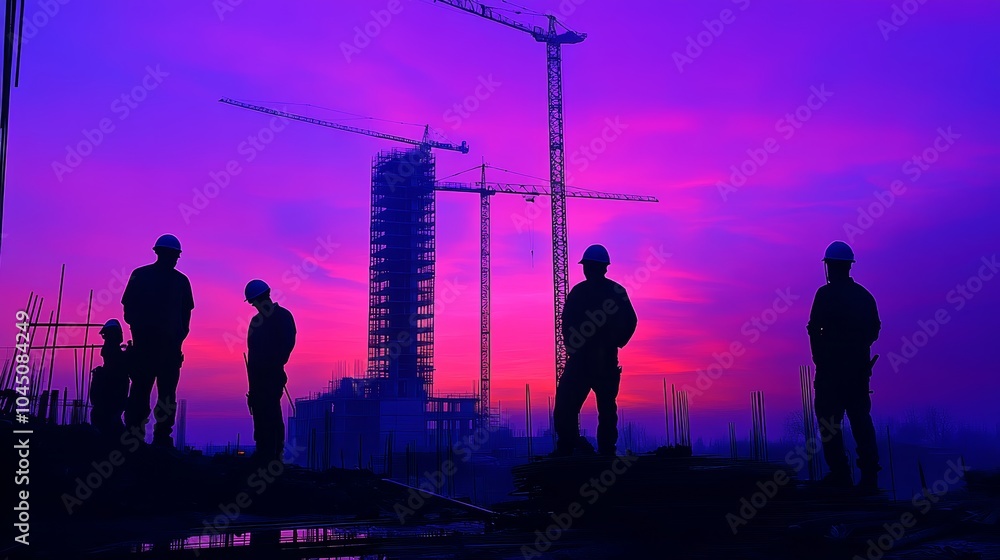 Fototapeta premium Silhouetted construction workers against a vibrant sunset sky.