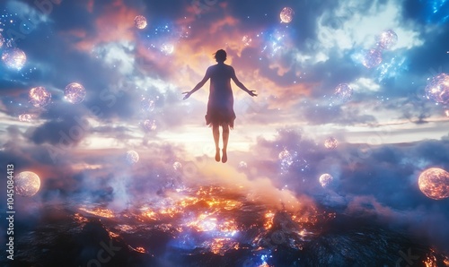 Silhouette of a woman flying above lava with glowing orbs.